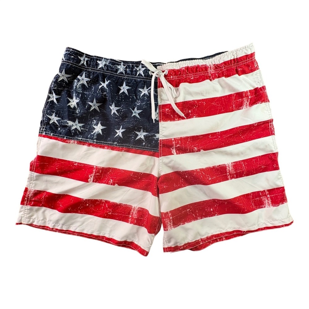 Merona Swim Trunks Men XXL Red White Blue Patriotic USA Flag Board Shorts
